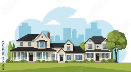 Modern suburban neighborhood features variety of beautiful houses with city skyline and green trees under cloudy blue sky in flat style.