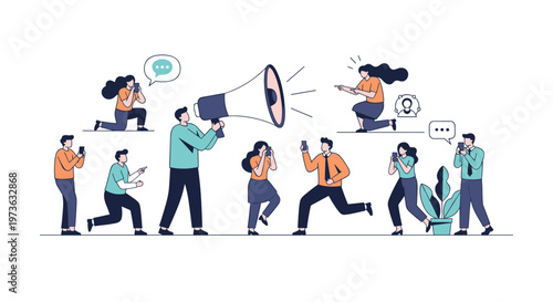 Public speaker communicates through large megaphone while crowd of people captures event using smartphone cameras and social media apps.