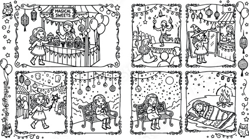 Hand drawn coloring pages with magical sweets stall girl buying candy performer playing fire dancing little witch costumes children watching fairy lights stars outdoor night scenes