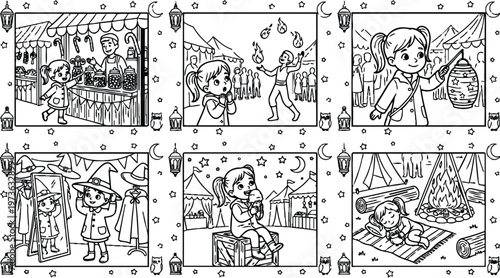 Line art vector children festival scenes girl enjoying candy fire juggler lantern witch costume ice cream campfire resting joyful mood illustration