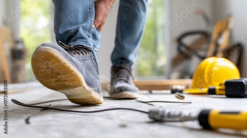 Worker is losing balance while stepping on a loose power cable on a construction site, creating a dangerous accident risk