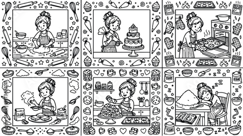 Black and white hand drawn vector art of a woman baking cookies preparing dough piping cake and resting after baking in kitchen with rolling pin and oven mitts