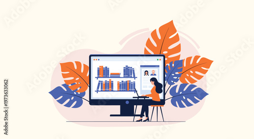 Digital library and online education concept shows woman working on computer surrounded by giant colorful tropical leaves in creative space.