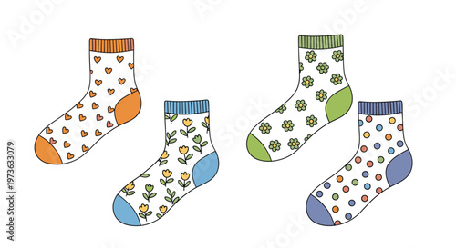 Selection of colorful patterned socks with various designs like hearts, flowers, and polka dots arranged on clean white background.