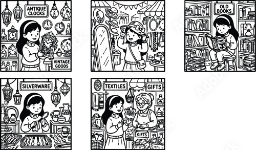 Black and white line art set showing girl exploring antique clocks vintage goods silverware textiles gifts old books and quilts in various cozy shop scenes