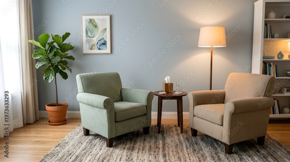 Obraz premium Modern therapy office interior with comfortable armchairs, professional counseling room with green fiddle leaf fig plant, cozy mental health clinic
