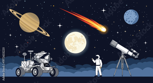 Pixel art space exploration scene depicts astronaut standing near lunar rover and telescope with comet and planets in starry night sky.