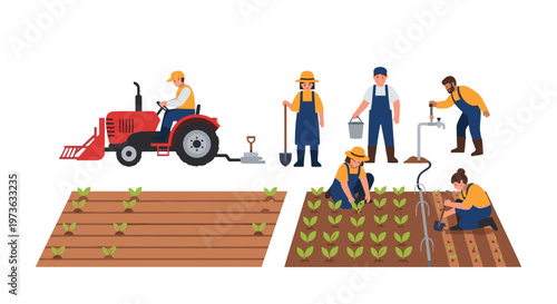 Diverse agricultural workers perform manual labor tasks in a sprawling cultivated vegetable field under bright daylight with vibrant earthy color tones.