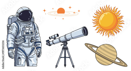 Space exploration icons collection features astronaut in spacesuit, astronomical telescope, distant galaxy, glowing sun, and ringed planet.