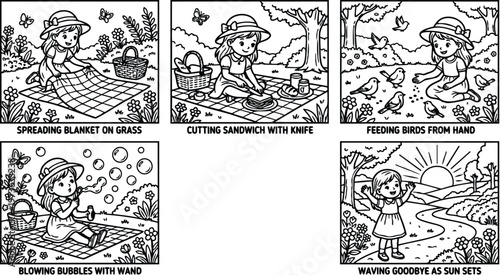 Black and white line art vector set of young girl having picnic activities including spreading blanket cutting sandwich feeding birds blowing bubbles napping waving goodbye outdoors