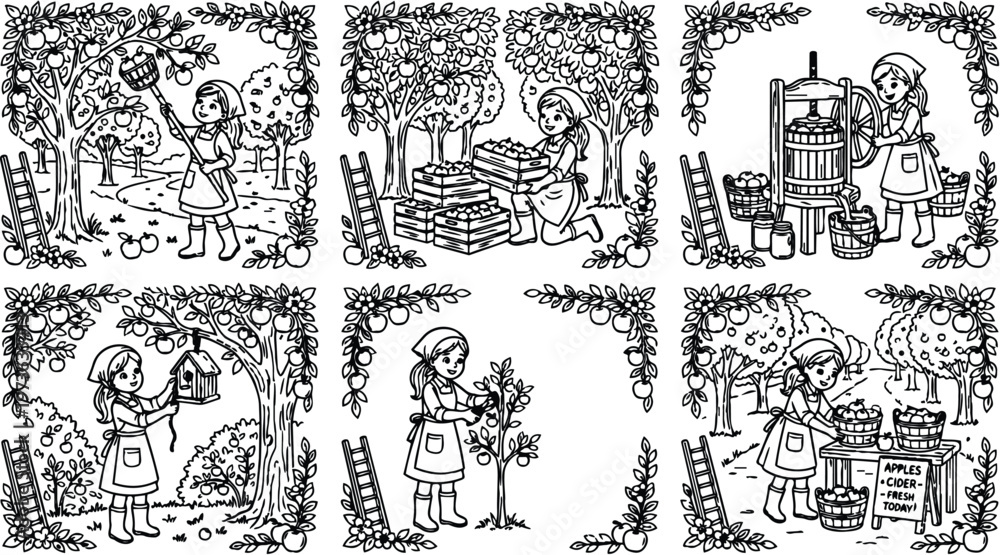 Fototapeta premium Black and white vector art showing girl harvesting apples picking fruit pressing cider selling fresh juice outdoors detailed orchard scene with trees and baskets