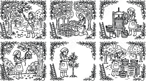 Black and white vector art showing girl harvesting apples picking fruit pressing cider selling fresh juice outdoors detailed orchard scene with trees and baskets
