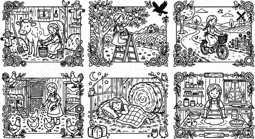 Black and white vector art of a young girl milking cow picking apples riding bicycle feeding chicken sleeping on hay and baking in rustic farm scenes with floral frames