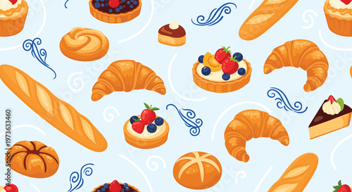 Seamless pattern of delicious French bakery items features fresh croissants, crispy baguettes, fruit tarts, and sweet cupcakes on blue.