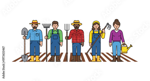 Five professional agricultural workers stand in a line on a tilled brown soil field holding various metal gardening implements under neutral lighting.