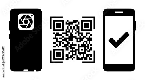 Smartphone QR code scan with checkmark icon