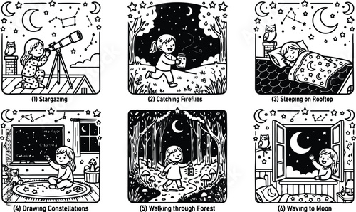 Black and white vector illustrations of children stargazing catching fireflies sleeping on rooftop drawing constellations walking through forest and waving to moon with night sky elements