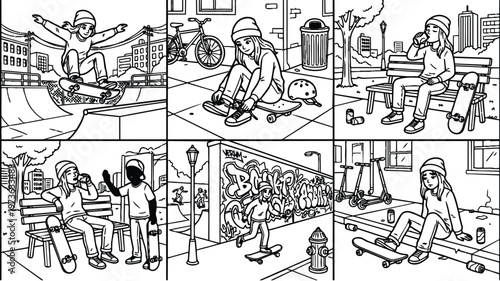 Black and white line art collection of teenage girl skateboarding tying shoes sitting drinking soda hanging out with friend riding skateboard near urban graffiti wall detailed urban cityscape