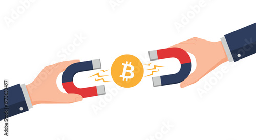 Hands in business suits use powerful magnets to attract golden bitcoin coin symbolizing drive for profit and cryptocurrency investment success.