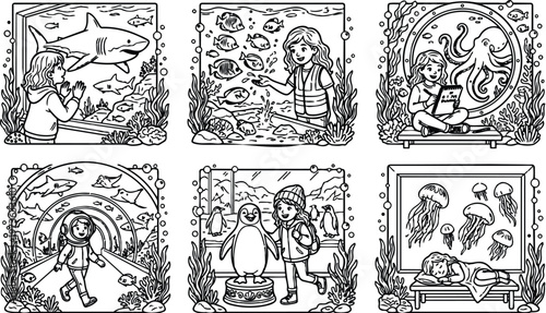 Black and white line art of children observing marine animals in aquarium tanks with sharks octopus penguins jellyfish underwater scene detailed illustration set