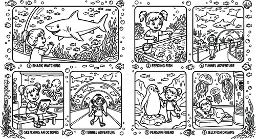 Black and white line art ocean adventure series showcasing shark watching feeding fish sketching octopus tunnel exploration penguin friend jellyfish dreams