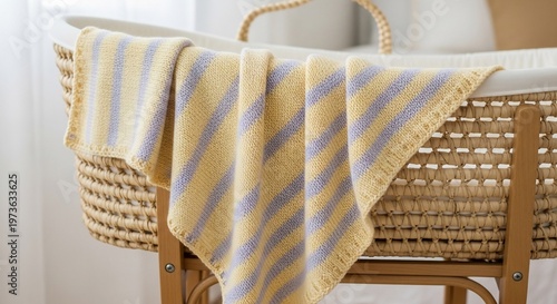 Striped Knit Blanket on Wicker Bassinet with Wooden Stand
