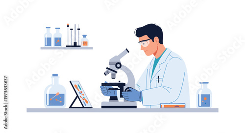 Diligent scientist wearing protective blue gloves and safety goggles analyzes samples with a microscope amidst various glass beakers in a bright laboratory.