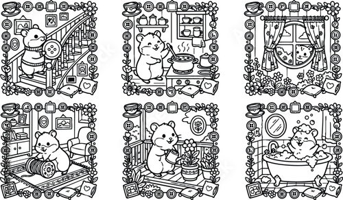 Cute hamster climbing staircase and cooking soup smiling in cozy home kitchen gardening by window and relaxing in bubble bath coloring page with floral button frame