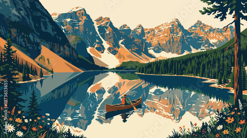 Mountain Lake Serenity Canoe Peaceful Nature Scene