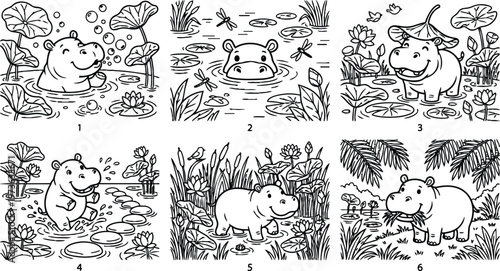 Cute hippo cartoon illustrations with water lilies reeds and dragonflies in six different playful scenes for coloring and childrens books art