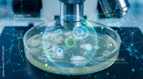 Microscopic cells observed under laboratory conditions, showcasing advanced scientific analysis with holographic displays