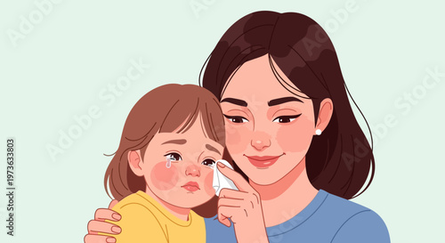 Woman holding young girl with thermometer.