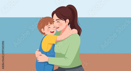 Woman Hugging Little Boy Warmly Close.