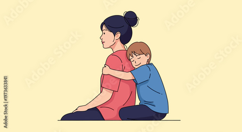 Woman Hugging Young Boy Comforting.