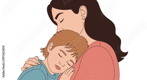 Woman Hugging Sleeping Little Boy.