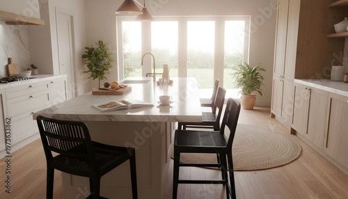 Bright white kitchen with island and three chairs, bathed in warm light, inviting for gatherings and culinary adventures at a traditional cottage.
