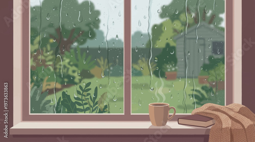 Rainy day comfort scene with steaming hot drink, book, and blanket by window