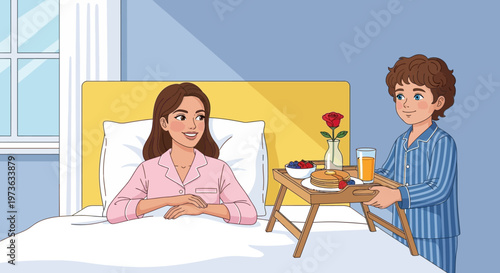 Woman in bed with breakfast tray.