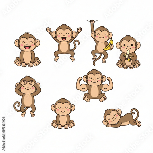 Cartoon monkey vector set with funny tropical primates in different poses and emotions isolated on white