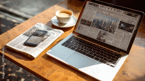 Watching news online on laptop with mobile newspaper technology
