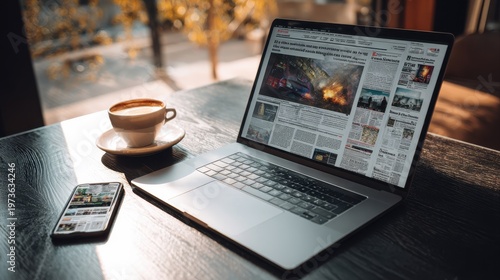 Watching news online on laptop with mobile newspaper technology