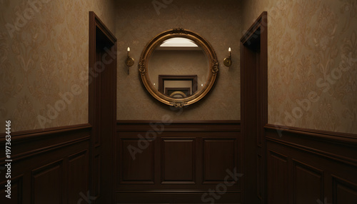 Opulent hallway with golden accents. Classic design with rich textures and warm lighting creates an inviting atmosphere.