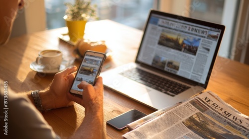 Watching news online on laptop with mobile newspaper technology