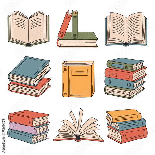 Colorful Book Illustrations, Open And Stacked Books