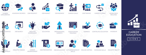 Career education icon set. containing exploration, interview, planning, recruitment, education, training, learning, employment and more. solid vector icon collection. vector illustration.
