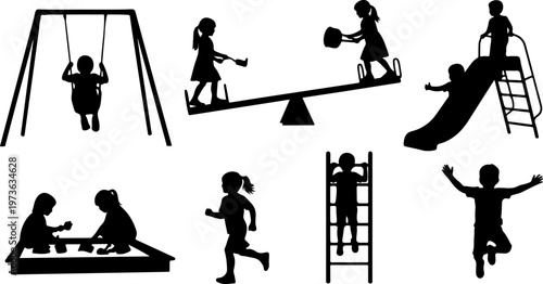 Children playing on playground equipment, silhouette set vector illustration