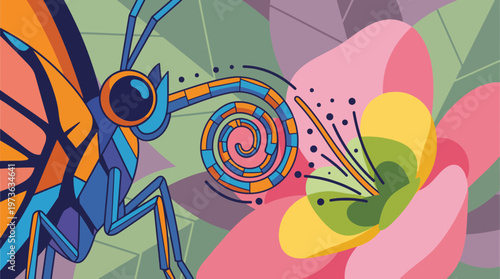 Colorful insect on flower with swirling pattern