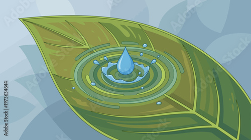 Nature Inspired Vector Illustration of Water Droplet on Green Leaf with Ripples