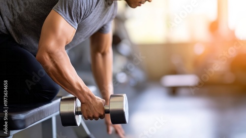 Man holding heavy dumbbell, performing a one arm row exercise, focusing on strength training and muscle building in a fitness center