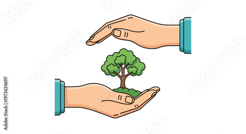 Human hands cupped around small green tree represent environmental conservation, nature protection, and sustainable ecological responsibility.